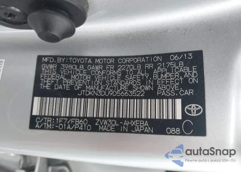 2013 Toyota Prius Two z USA, uszkodzony, nr VIN JTDKN3DU9D5663522
